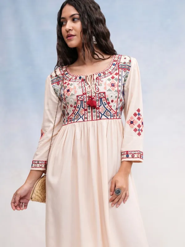 Vishudh Women Beige Embroidered A-Line Dress