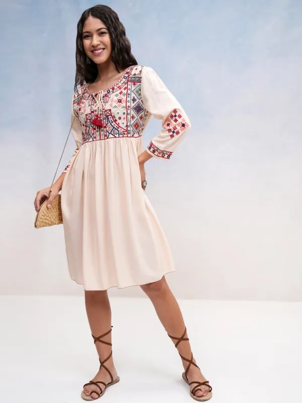Vishudh Women Beige Embroidered A-Line Dress