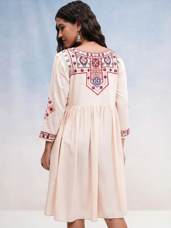 Vishudh Women Beige Embroidered A-Line Dress