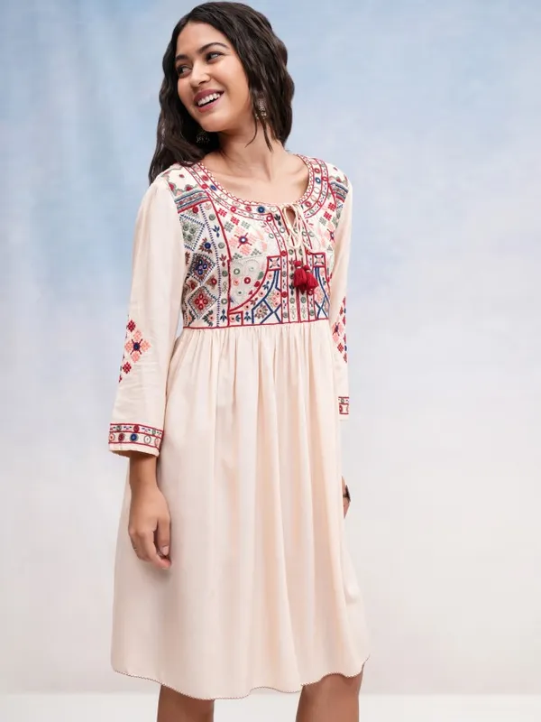 Vishudh Women Beige Embroidered A-Line Dress