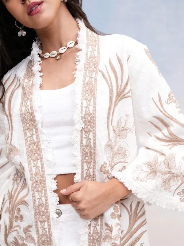 Vishudh Women Off White Embroidered Open Front Jacket