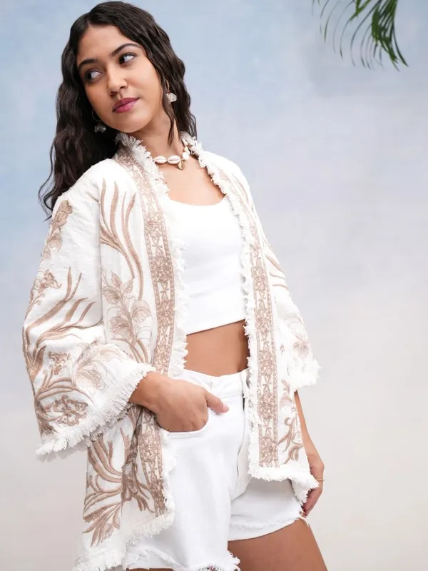 Vishudh Women Off White Embroidered Open Front Jacket