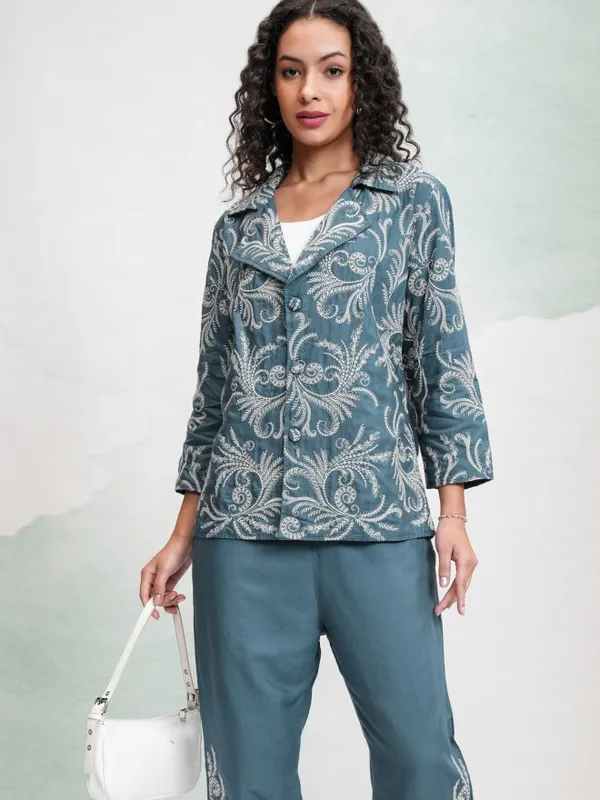 Vishudh Women Teal Coat With Trousers Co-Ords