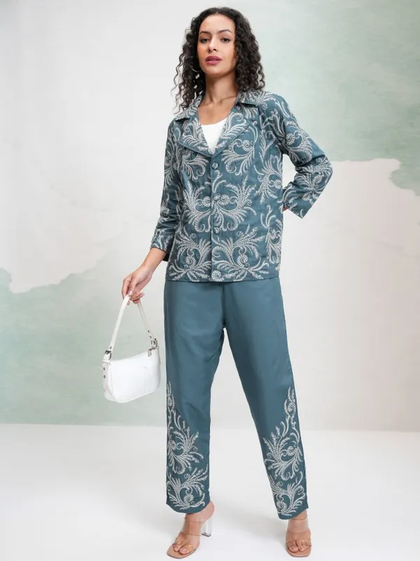 Vishudh Women Teal Coat With Trousers Co-Ords