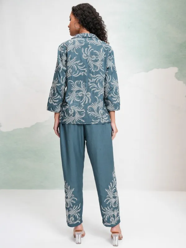 Vishudh Women Teal Coat With Trousers Co-Ords