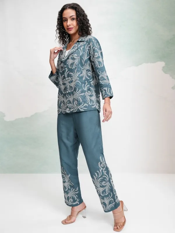 Vishudh Women Teal Coat With Trousers Co-Ords