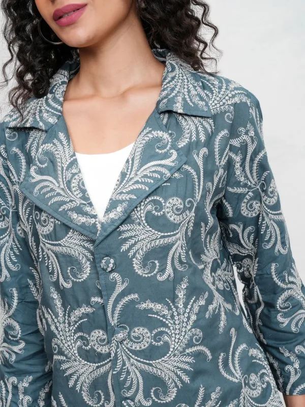 Vishudh Women Teal Coat With Trousers Co-Ords
