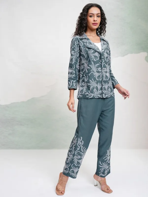 Vishudh Women Teal Coat With Trousers Co-Ords