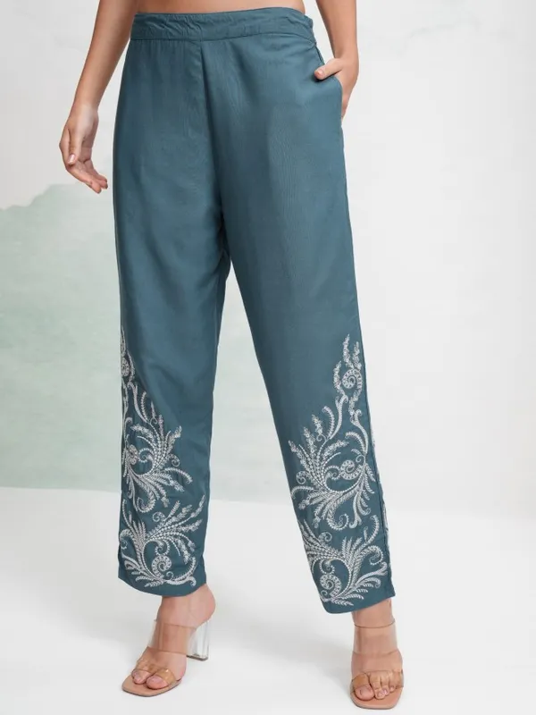 Vishudh Women Teal Coat With Trousers Co-Ords
