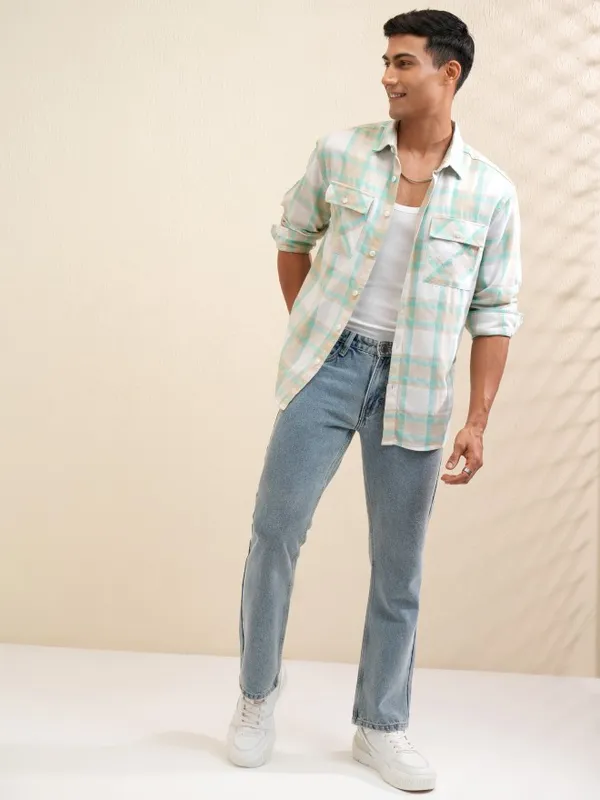 Locomotive Men Beige Checked Relaxed Fit Casual Shirt