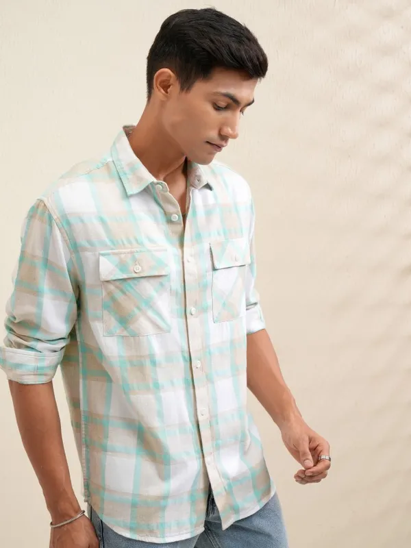 Locomotive Men Beige Checked Relaxed Fit Casual Shirt