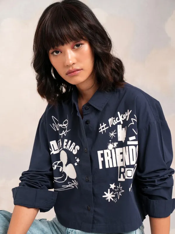 Disney By Tokyo Talkies Women Navy Blue Mickey Mouse Printed Casual Shirt