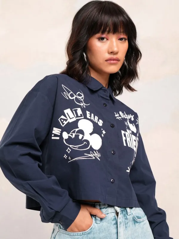 Disney By Tokyo Talkies Women Navy Blue Mickey Mouse Printed Casual Shirt