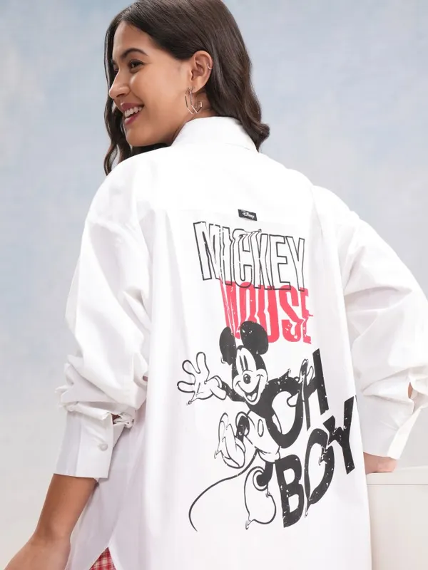 Disney By Tokyo Talkies Women White Mickey Mouse Printed Casual Shirt