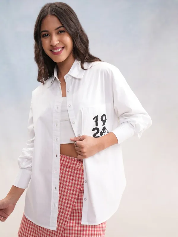 Disney By Tokyo Talkies Women White Mickey Mouse Printed Casual Shirt
