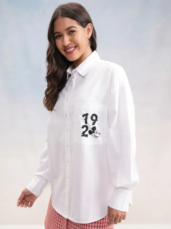 Disney By Tokyo Talkies Women White Mickey Mouse Printed Casual Shirt