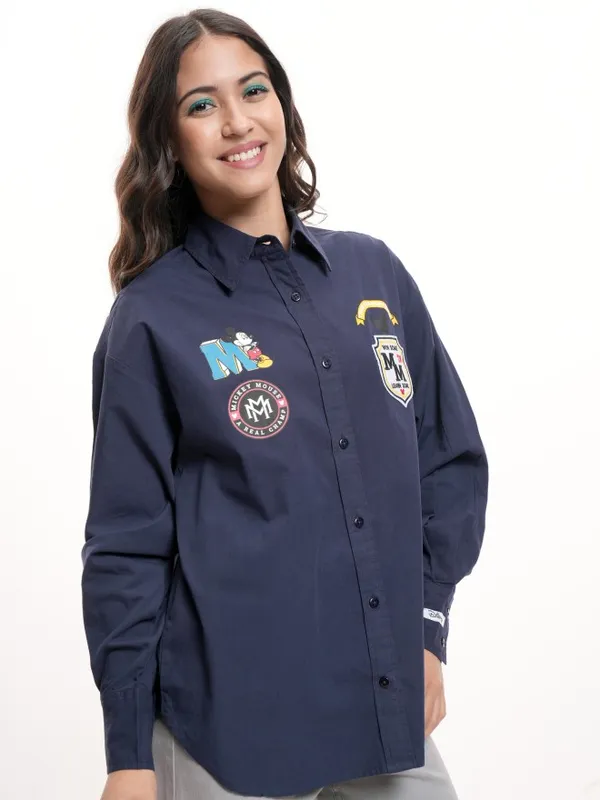 Disney By Tokyo Talkies Women Navy Blue Mickey Mouse Printed Casual Shirt