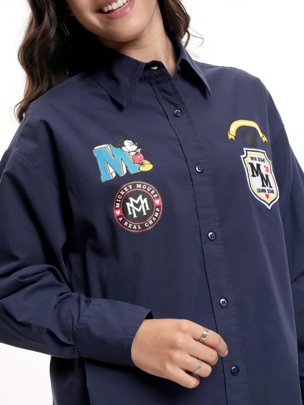 Disney By Tokyo Talkies Women Navy Blue Mickey Mouse Printed Casual Shirt