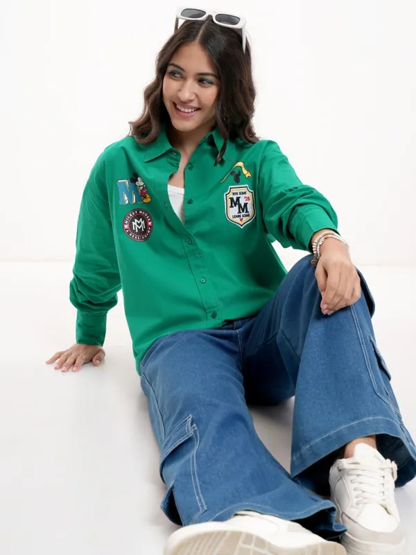 Disney By Tokyo Talkies Women Green Mickey Mouse Printed Casual Shirt