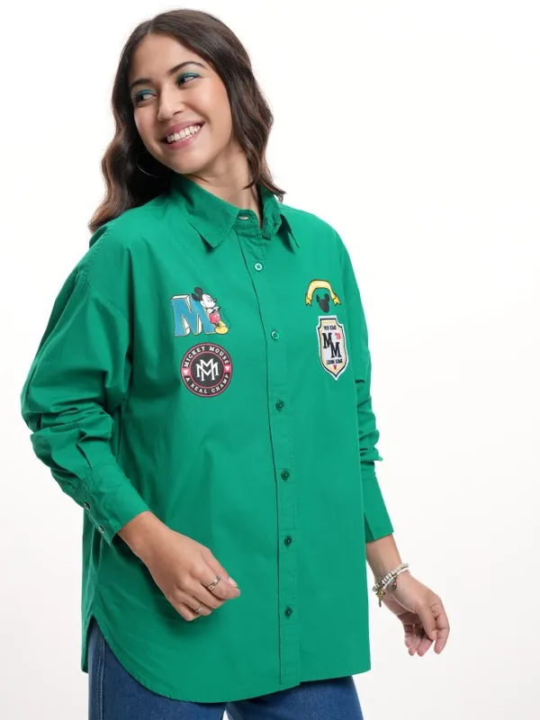 Disney By Tokyo Talkies Women Green Mickey Mouse Printed Casual Shirt