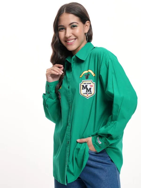Disney By Tokyo Talkies Women Green Mickey Mouse Printed Casual Shirt