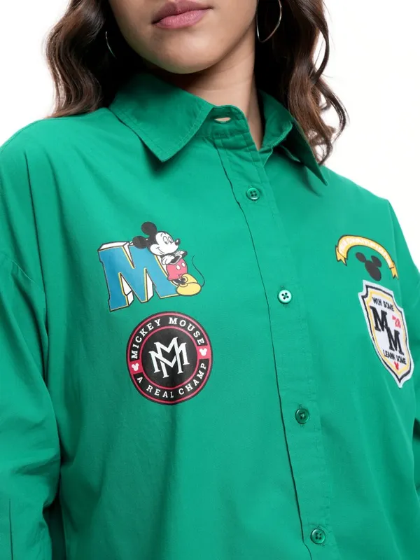 Disney By Tokyo Talkies Women Green Mickey Mouse Printed Casual Shirt