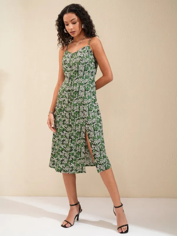 Tokyo Talkies Women Green Printed A-Line Dress