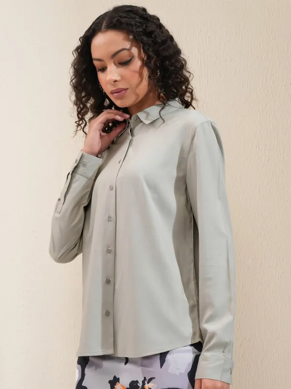 Tokyo Talkies Women Grey Solid Regular Fit Casual Shirt