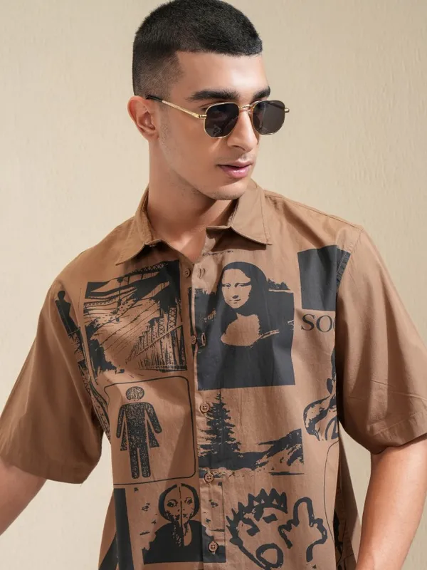 Highlander Men Khaki Printed Boxy Casual Shirt