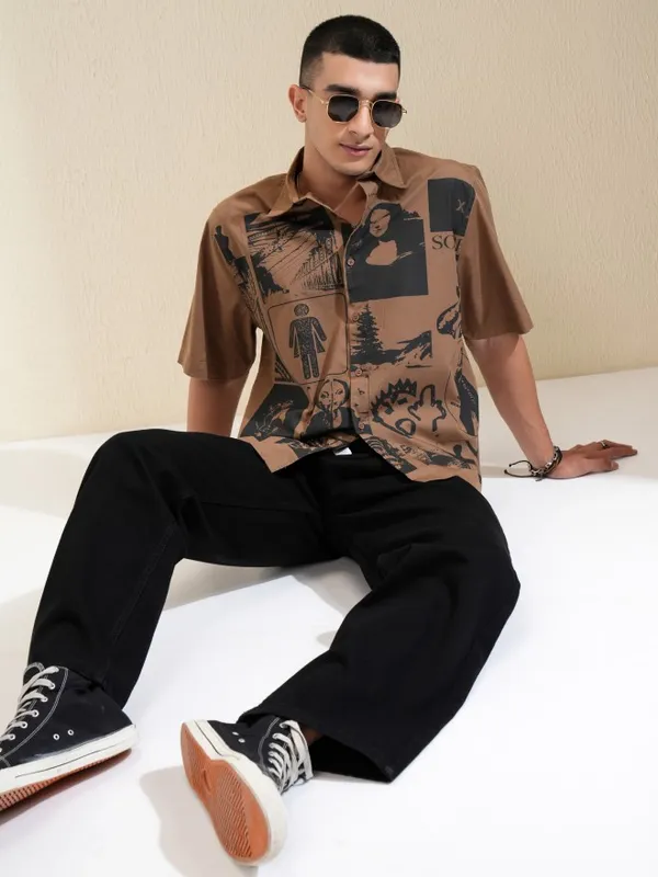 Highlander Men Khaki Printed Boxy Casual Shirt