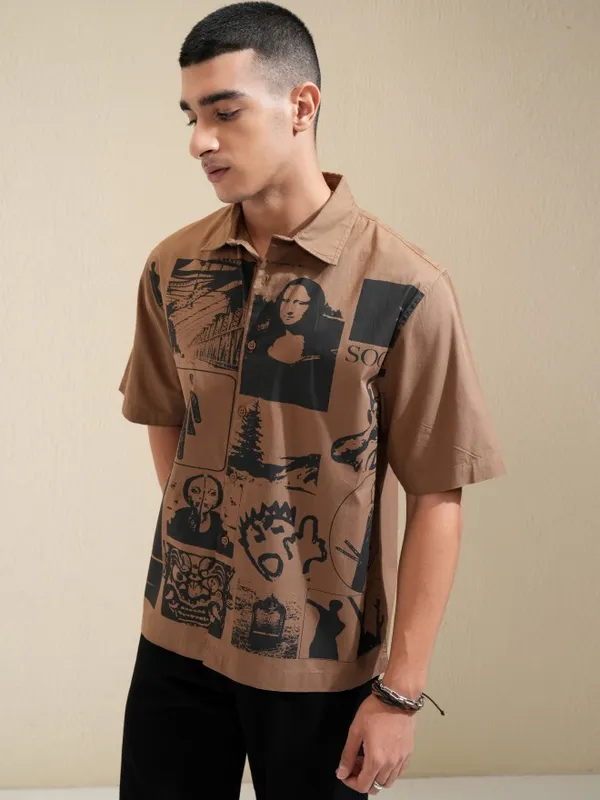 Highlander Men Khaki Printed Boxy Casual Shirt