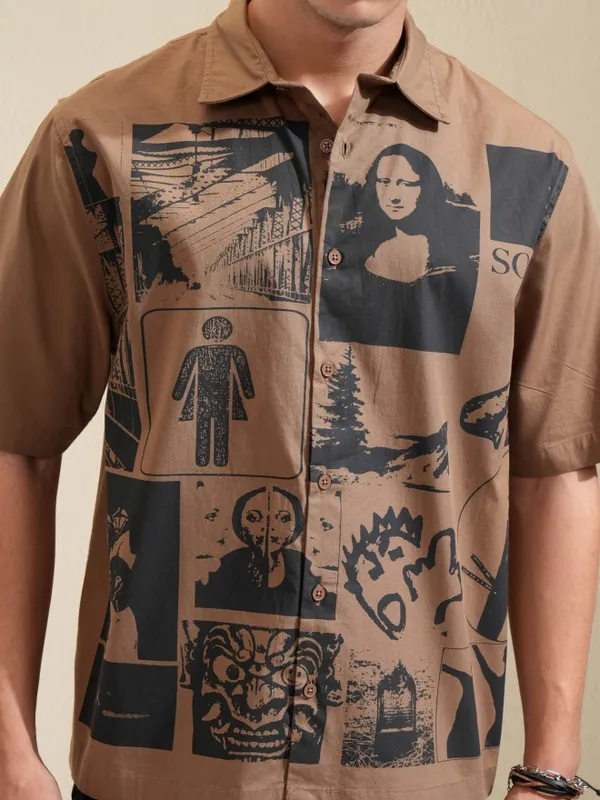 Highlander Men Khaki Printed Boxy Casual Shirt