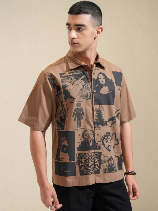 Highlander Men Khaki Printed Boxy Casual Shirt