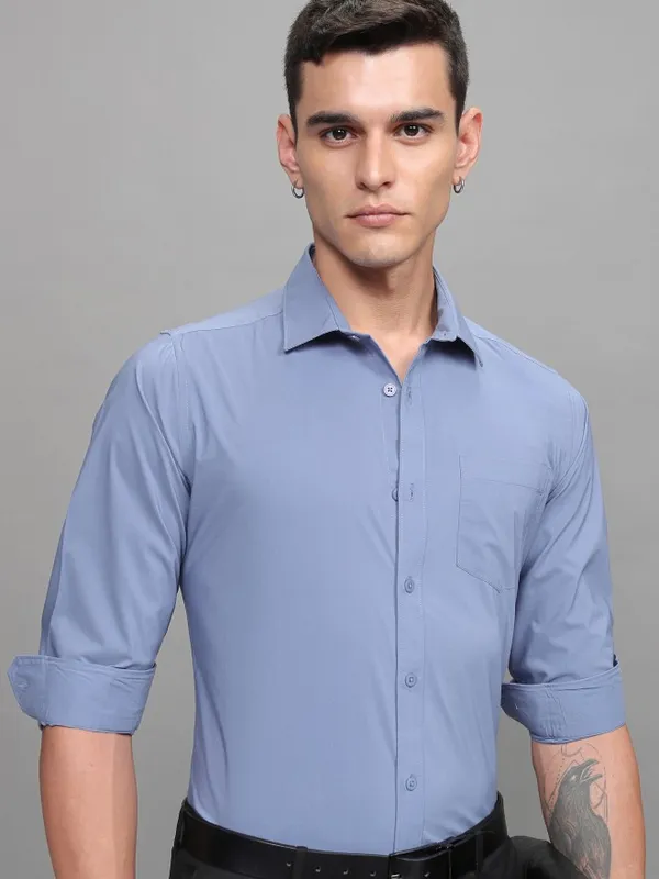 Highlander Men Blue Soft Stretch Solid Multi Occation Slim Fit Shirt