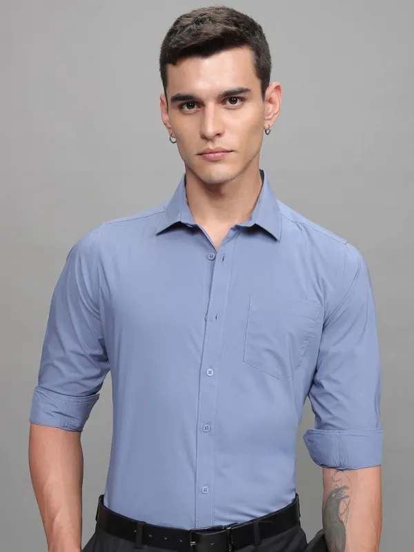 Highlander Men Blue Soft Stretch Solid Multi Occation Slim Fit Shirt