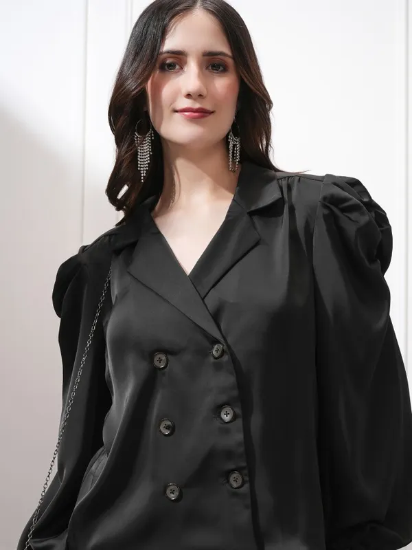 Tokyo Talkies Women Black Double-Breasted Blazer