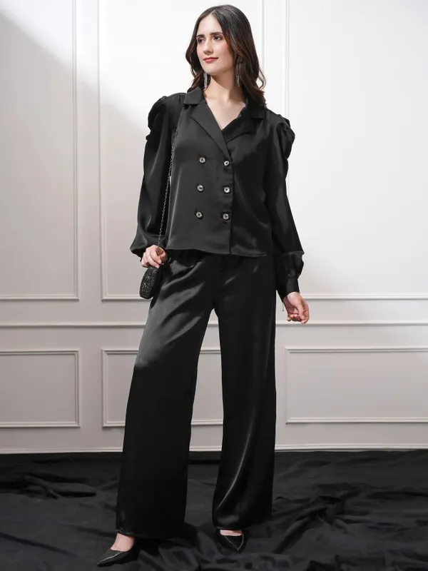 Tokyo Talkies Women Black Double-Breasted Blazer