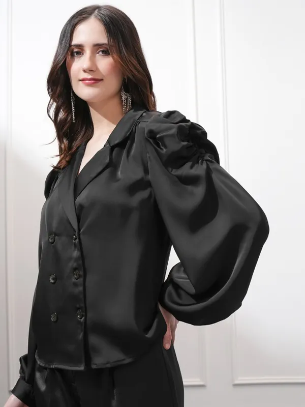 Tokyo Talkies Women Black Double-Breasted Blazer