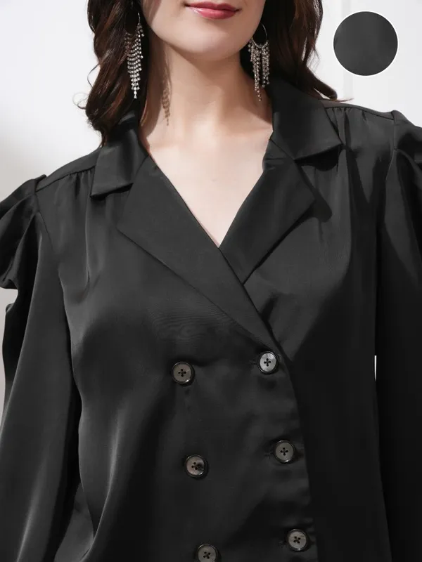 Tokyo Talkies Women Black Double-Breasted Blazer