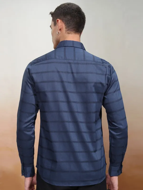 Highlander Men Navy Blue Striped Slim Fit Casual Shirt