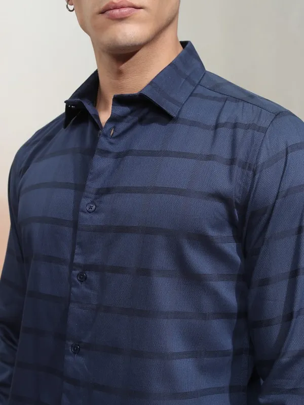Highlander Men Navy Blue Striped Slim Fit Casual Shirt