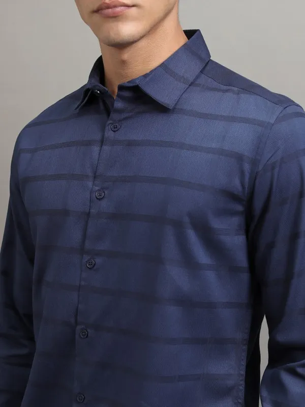 Highlander Men Navy Blue Striped Slim Fit Casual Shirt
