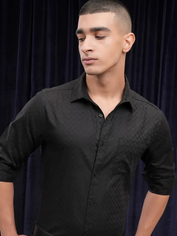 Highlander Men Black Self Design Slim Fit Casual Shirt
