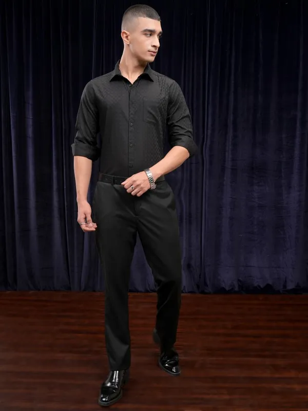 Highlander Men Black Self Design Slim Fit Casual Shirt