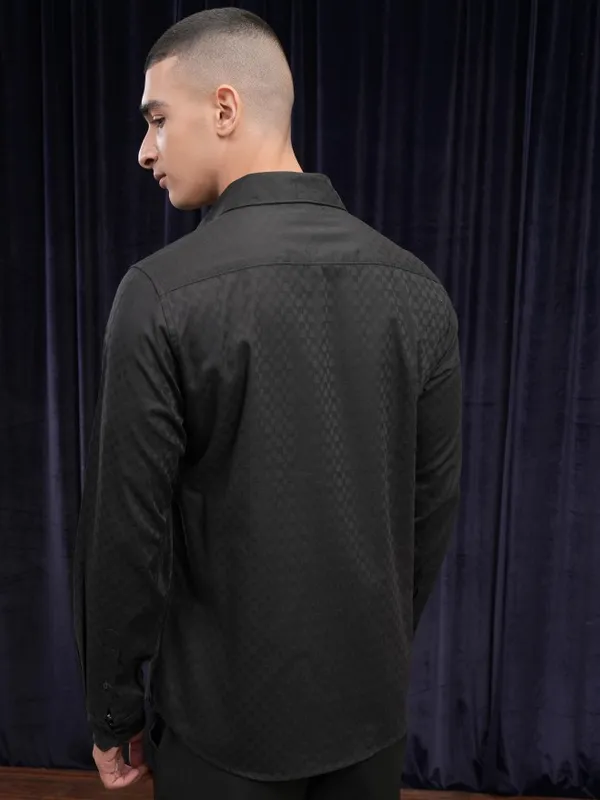 Highlander Men Black Self Design Slim Fit Casual Shirt