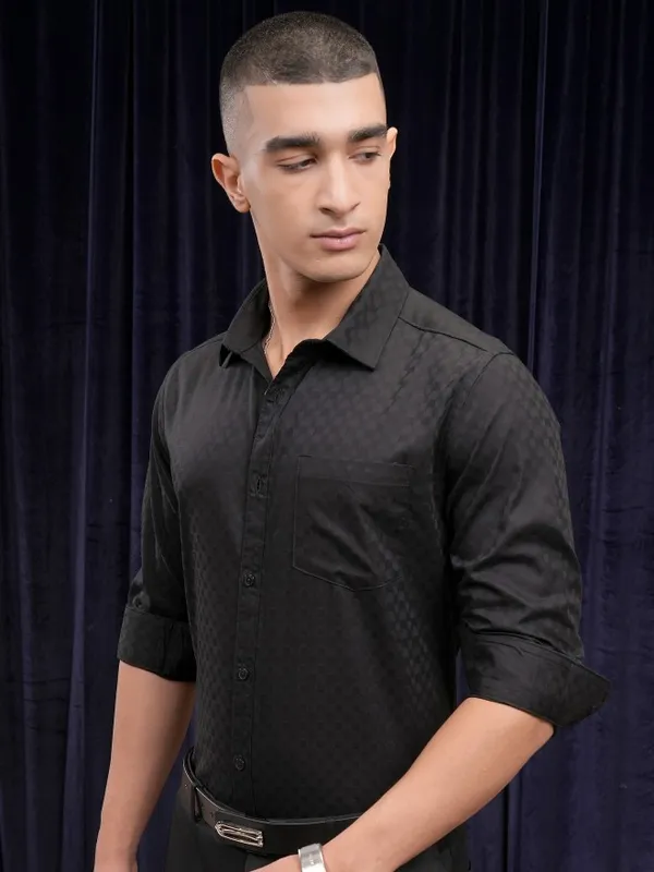 Highlander Men Black Self Design Slim Fit Casual Shirt