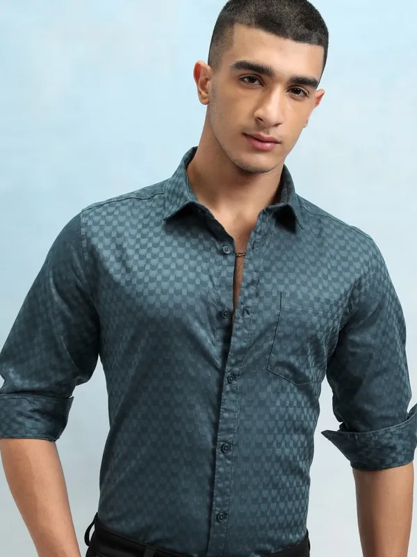 Highlander Men Graphite Blue Dobby Textured Solid Multi Occasion Slim Fit Shirt