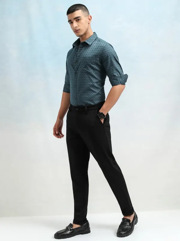Highlander Men Graphite Blue Dobby Textured Solid Multi Occasion Slim Fit Shirt