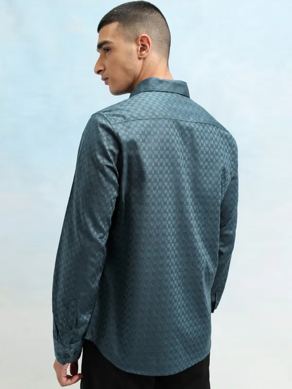 Highlander Men Graphite Blue Dobby Textured Solid Multi Occasion Slim Fit Shirt