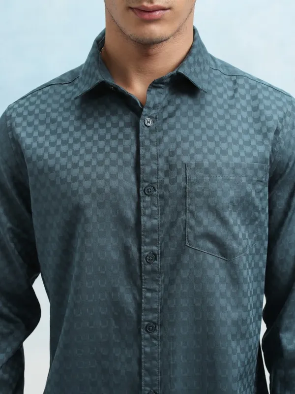 Highlander Men Graphite Blue Dobby Textured Solid Multi Occasion Slim Fit Shirt